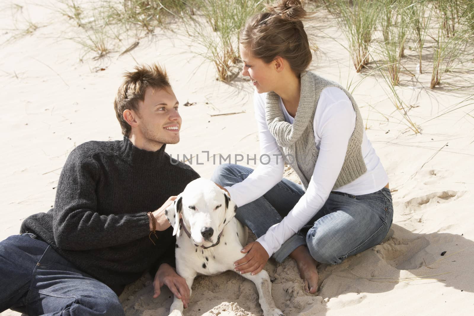 Portrait Of Romantic Teenage Couple On Beach With Dog by omg_images