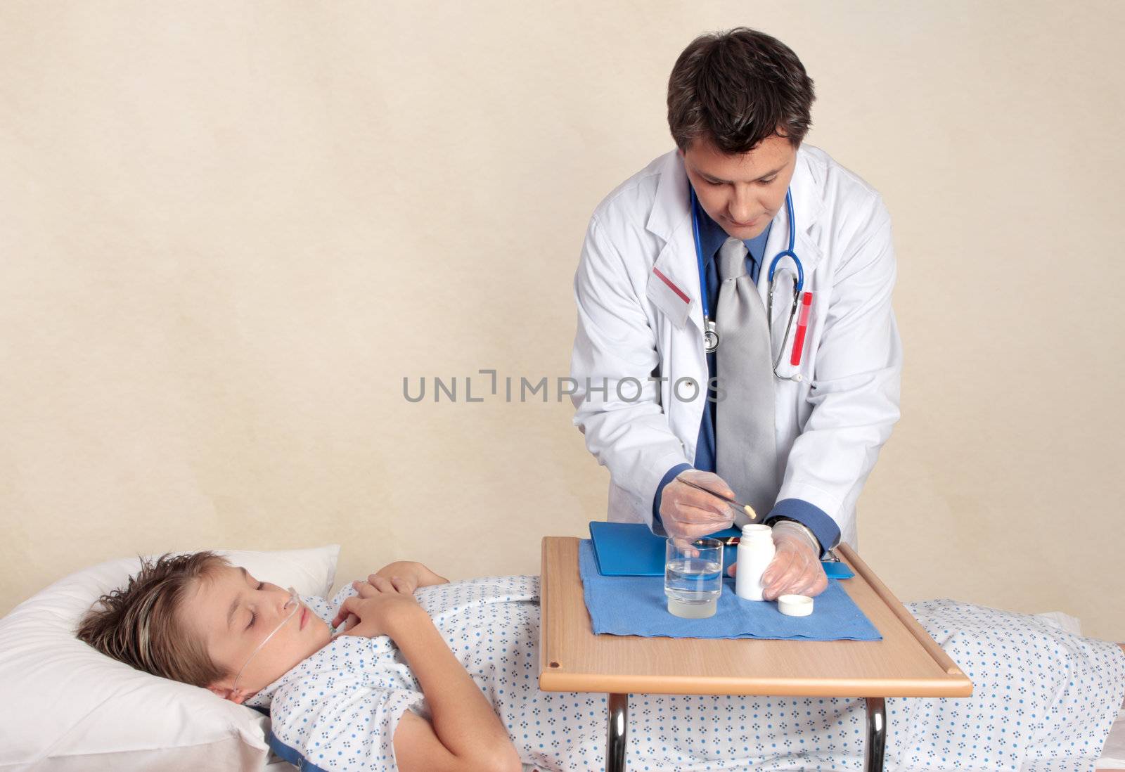 A doctor preparing the medication for a sick child