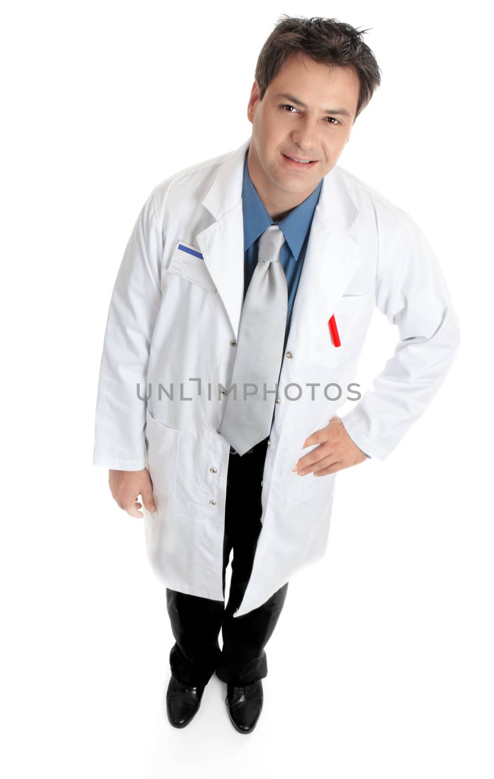Doctor, scientist, pharmacist or researcher standing on a white background.
