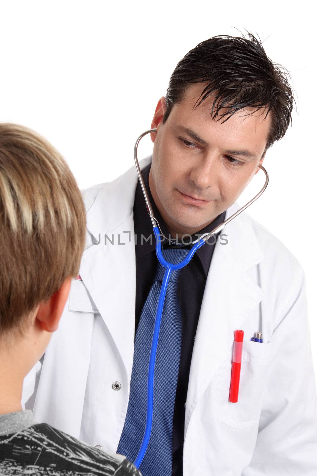 A patient is being examined by a doctor or paediatrician who is  using a stethoscope - with vertical space for copy. 
