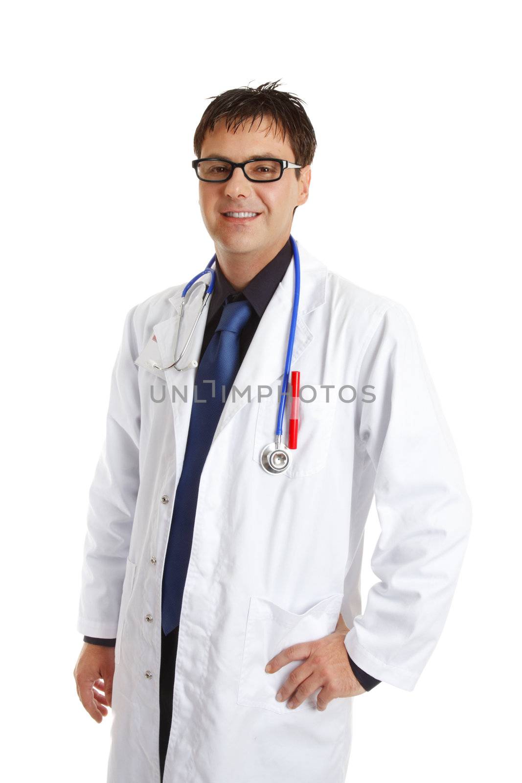 Medical doctor or other healthcare worker  in uniform standing and smiling cheerfully.