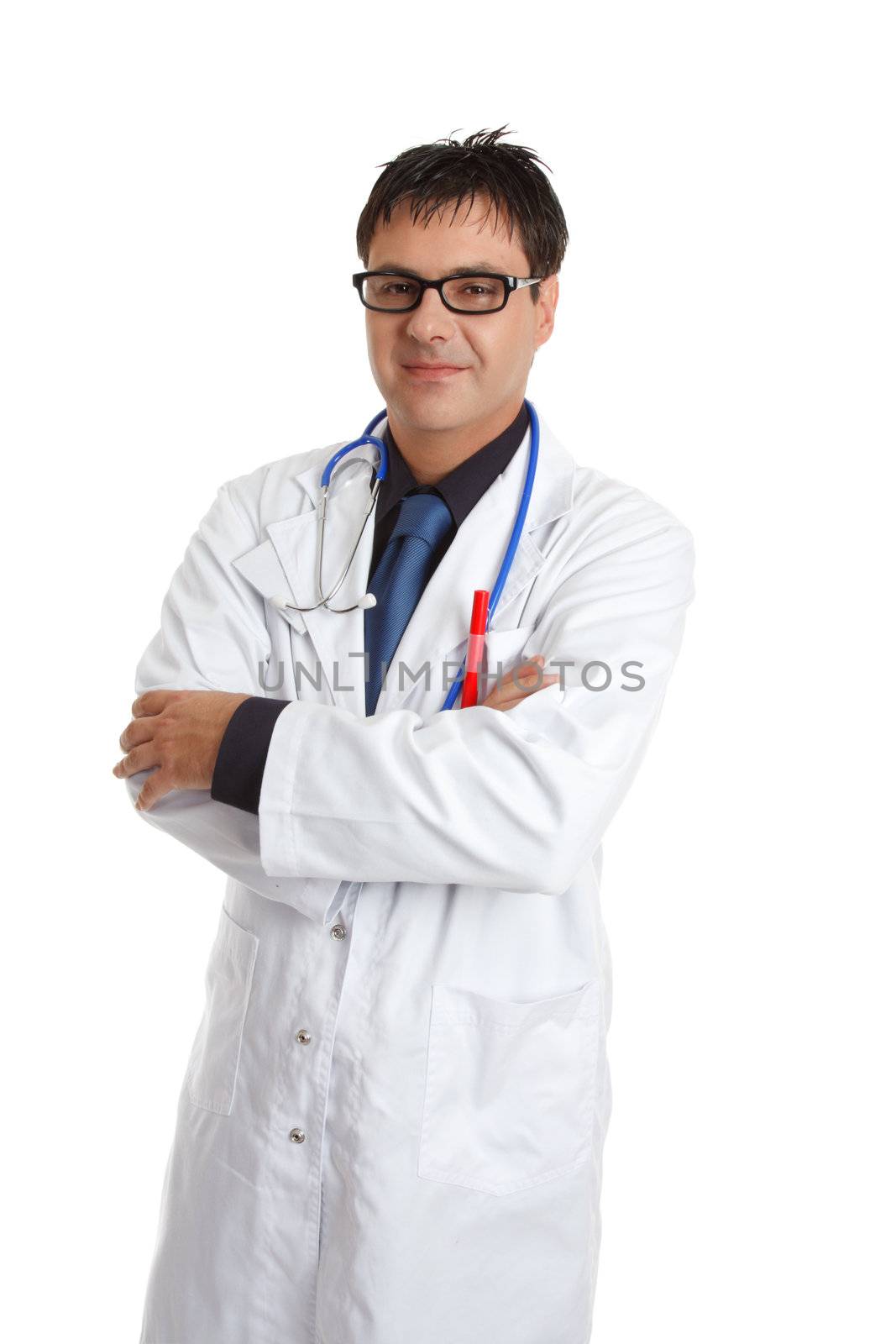 Doctor standing casually with arms crossed and smiling.