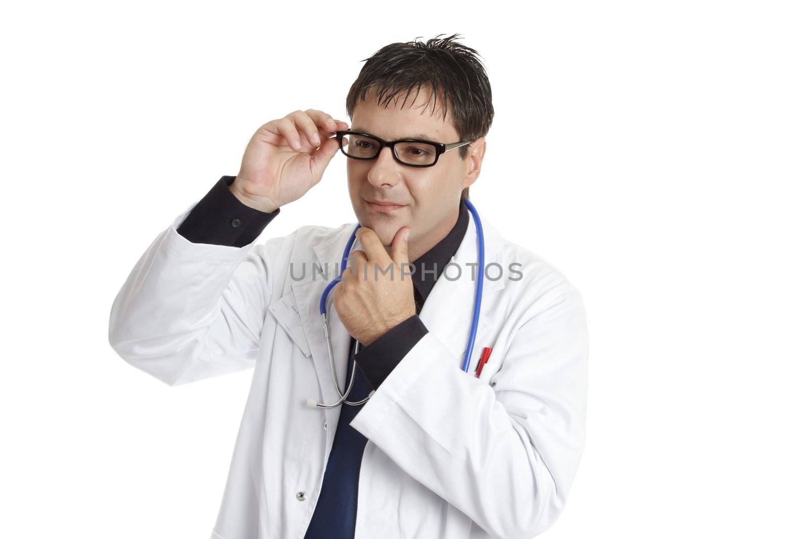 Doctor, veterinarian or medical worker thinking or pondering something.