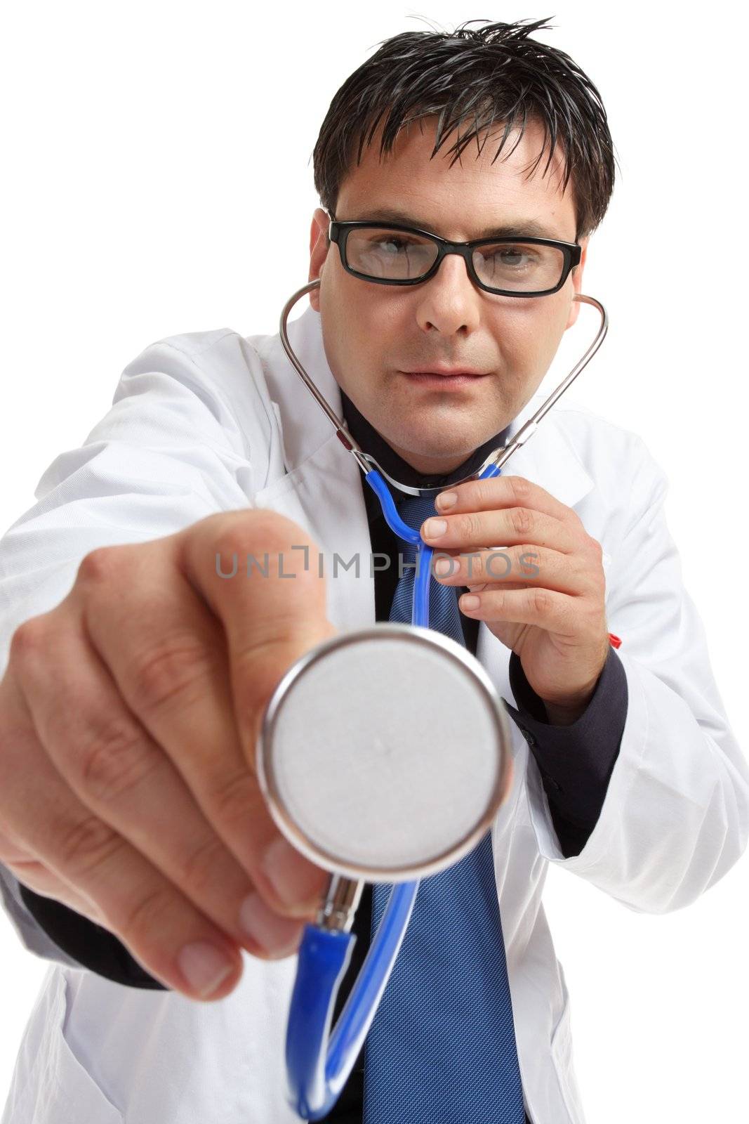A doctor wearing glasses  in medical uniform using a stethocope.