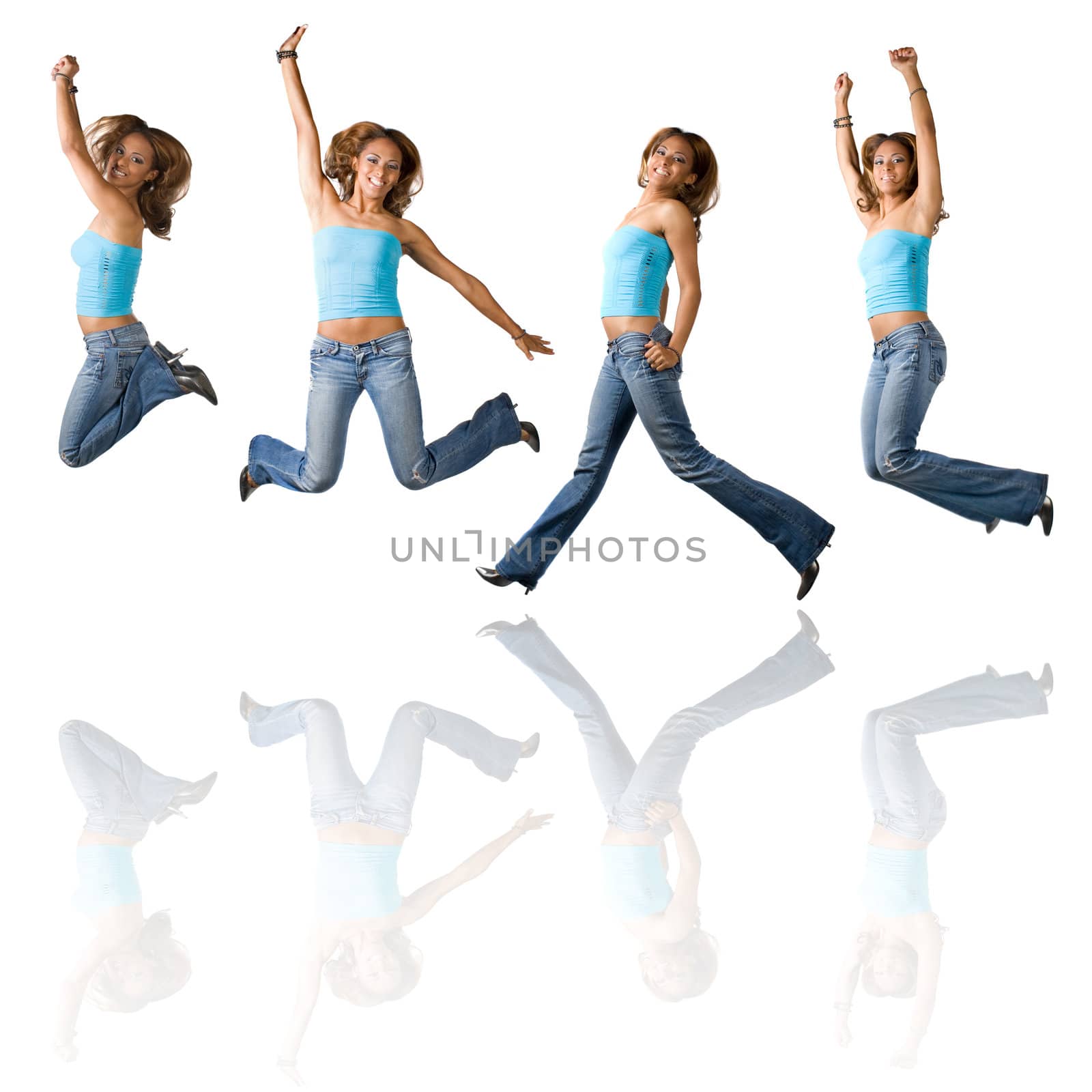A young Hispanic girl in her early twenties jumping in the air in four different poses with reflections over white.