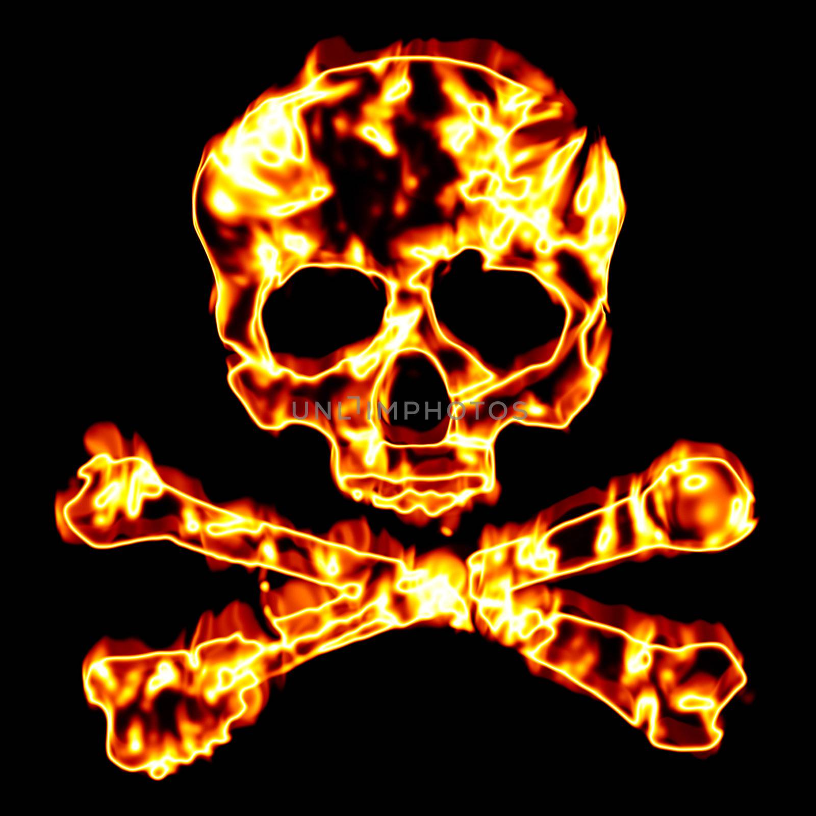 A flaming skull and crossbones illustration isolated over black.