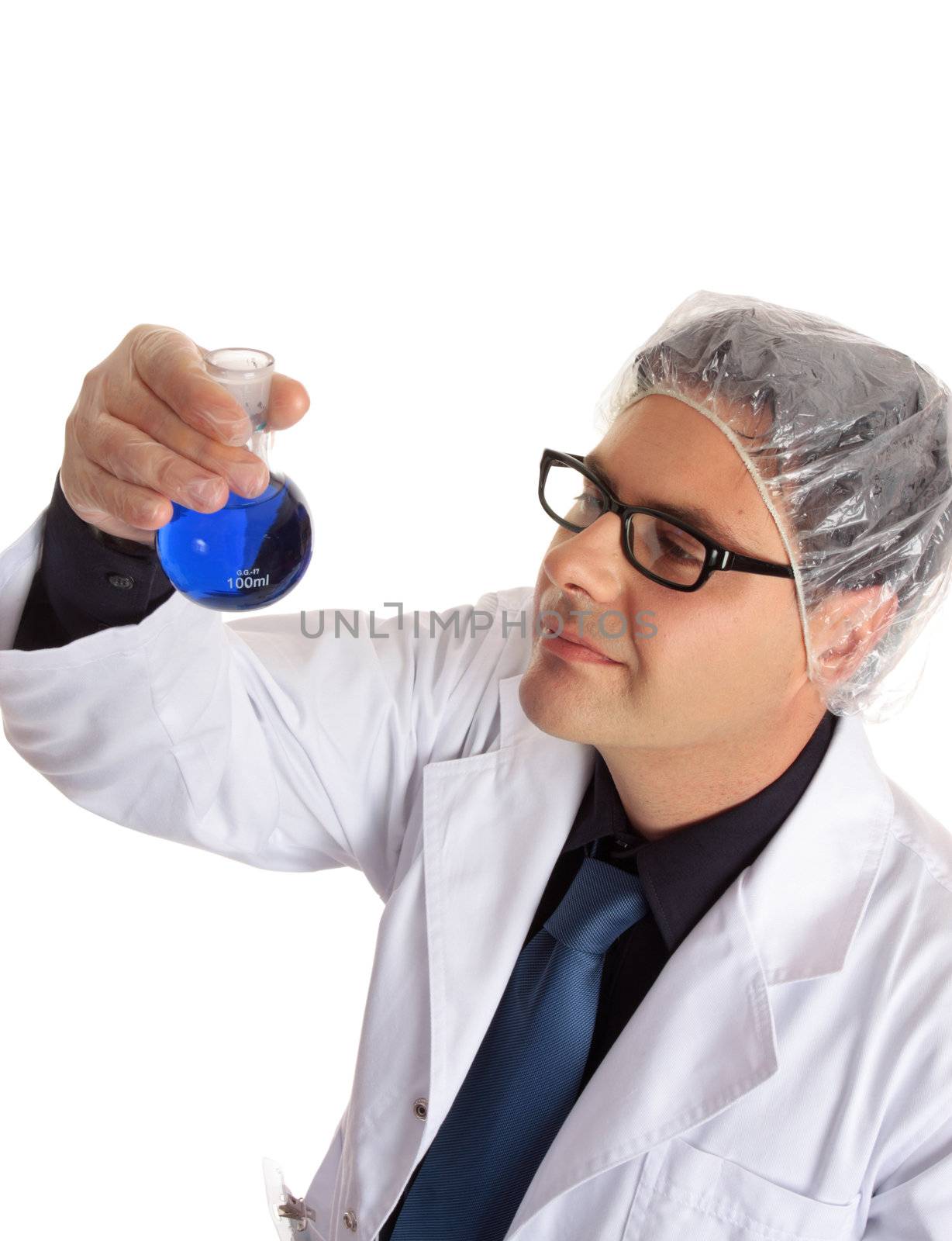 Scientist or chemist analyzing a solution.