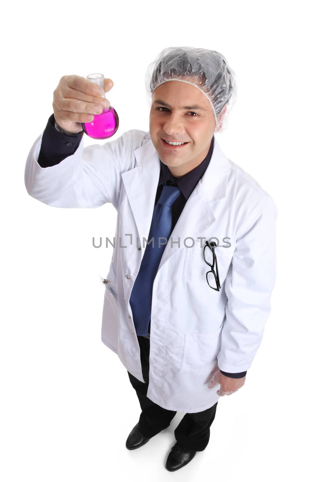 Chemist, cliniciaan, perfumer, naturapath  or other science or laboratory worker holding a mixed  solution in a round flask.  He is standing on a white background and showing a confident successful smile