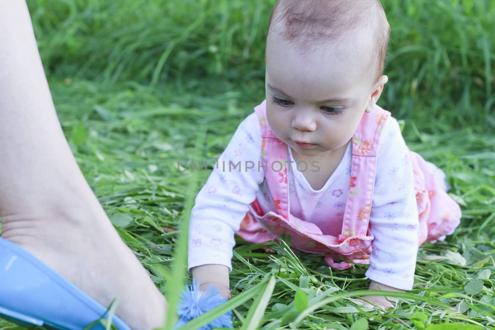 Curious baby girl lying on grass