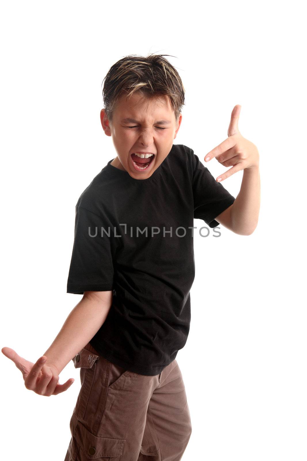 Expressive boy feeling the music and making a rock n roll hand gesture,  (coma signal) on a white background