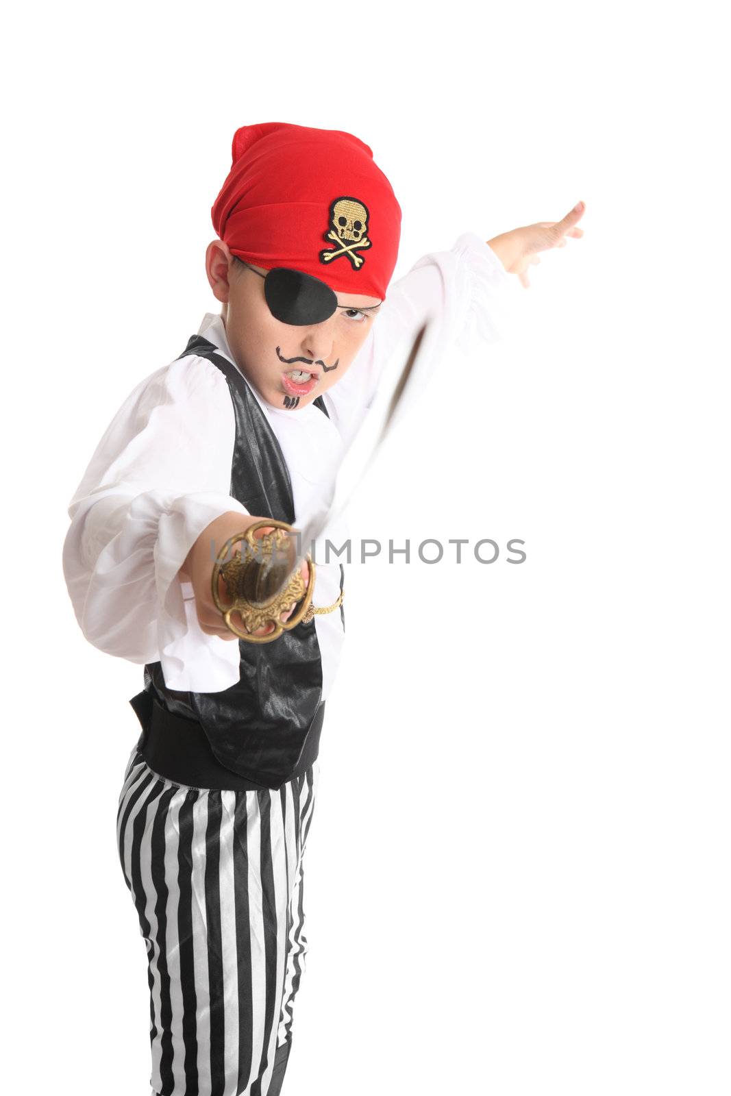 Pirate weilding a sword battles for his ill-gotten riches.  Focus to boy, sword is not in focus