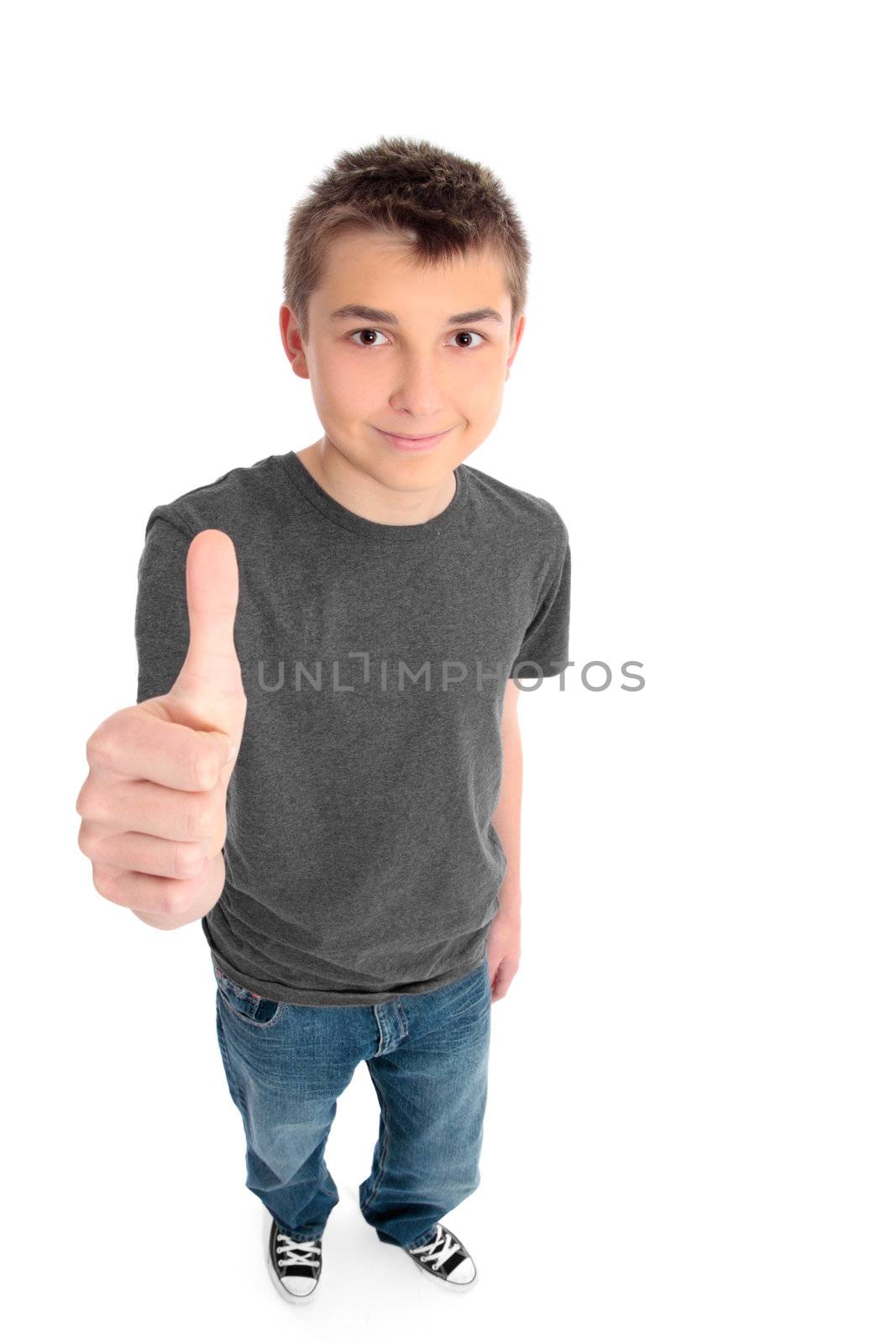 A pre teen boy with hand thumbs up sign. eg approval success, great.  
On a white background, shadow left under feet.