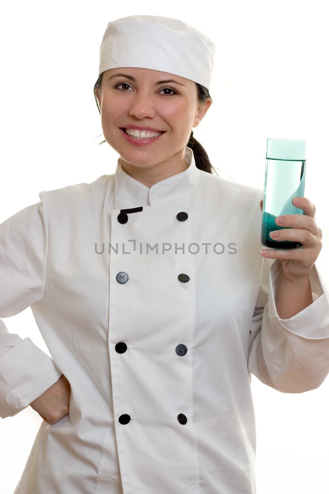 Female cook with tall glass of water