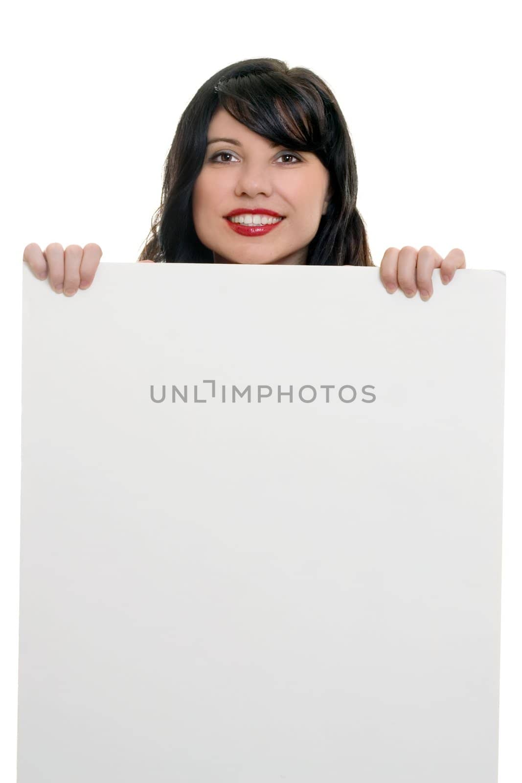 Friendly smiling woman holding blank white sign, ready for text or imagery.