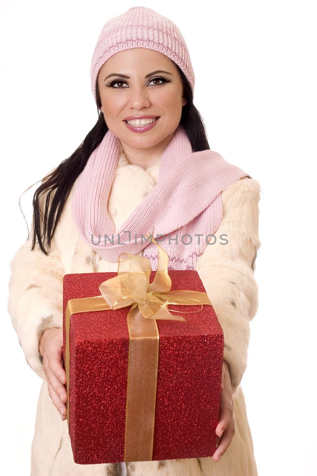 Smiling female holding a large gift or present