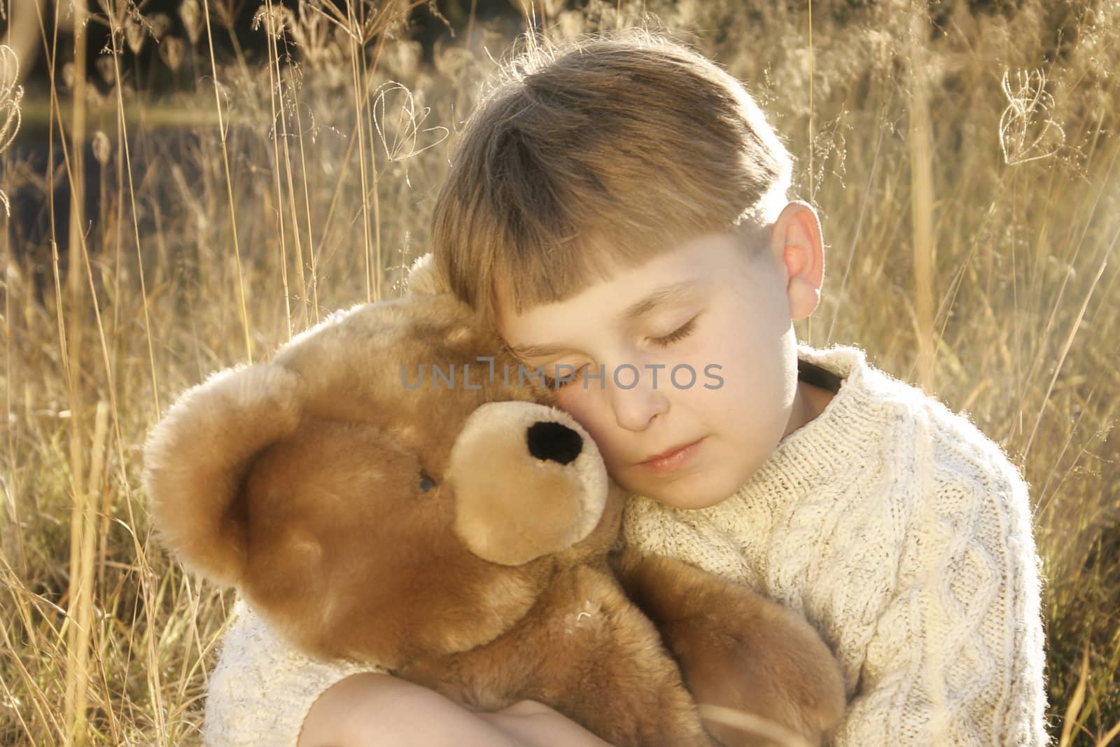 Boy in tall grasses hugs a teddy bear.   

Pure innocence.  Young boy cuddles teddy in meadow.  Backlighting creates a soft halo effect.   Reflector for some soft fill on the face.

