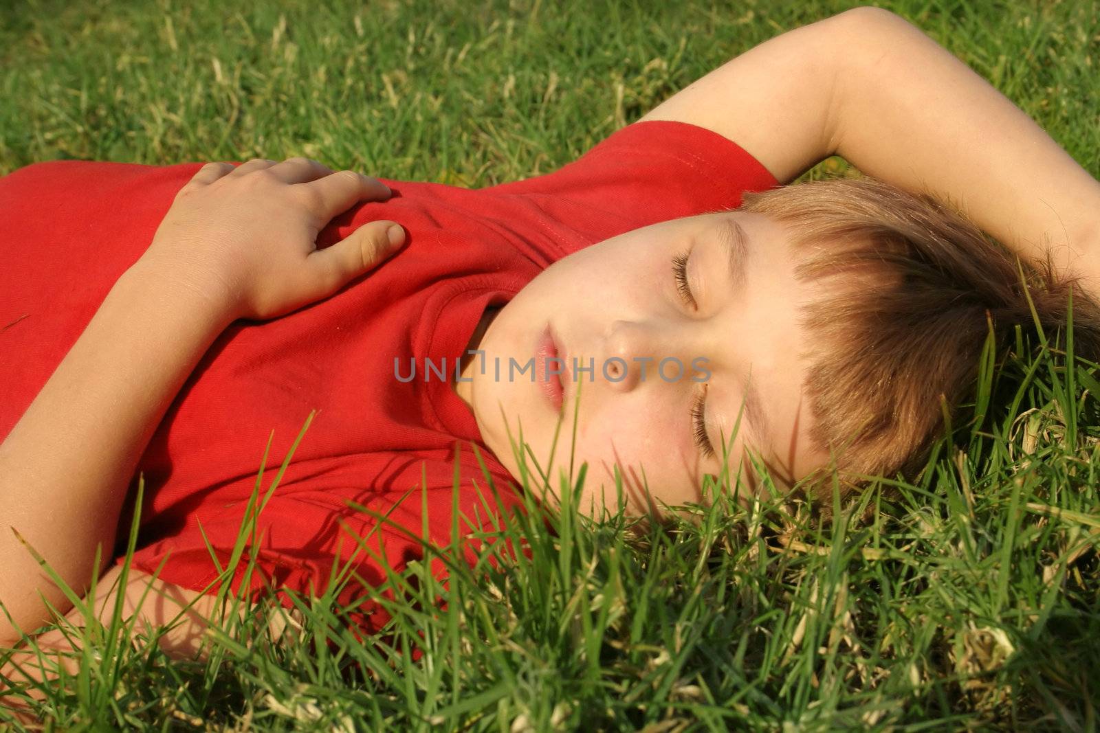 Child lying in grass takes an afternoon Nap 