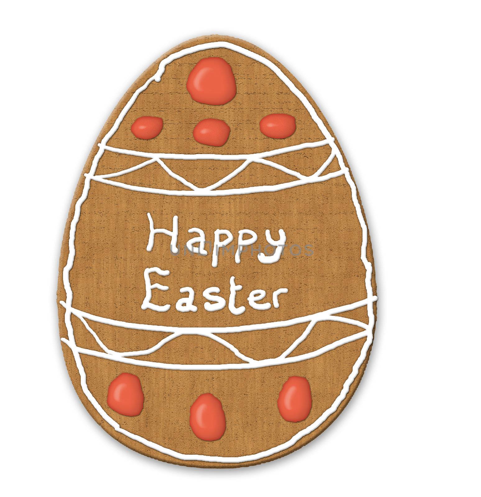 Illustration of an Easter egg cookie or biscuit with Happy Easter written in icing