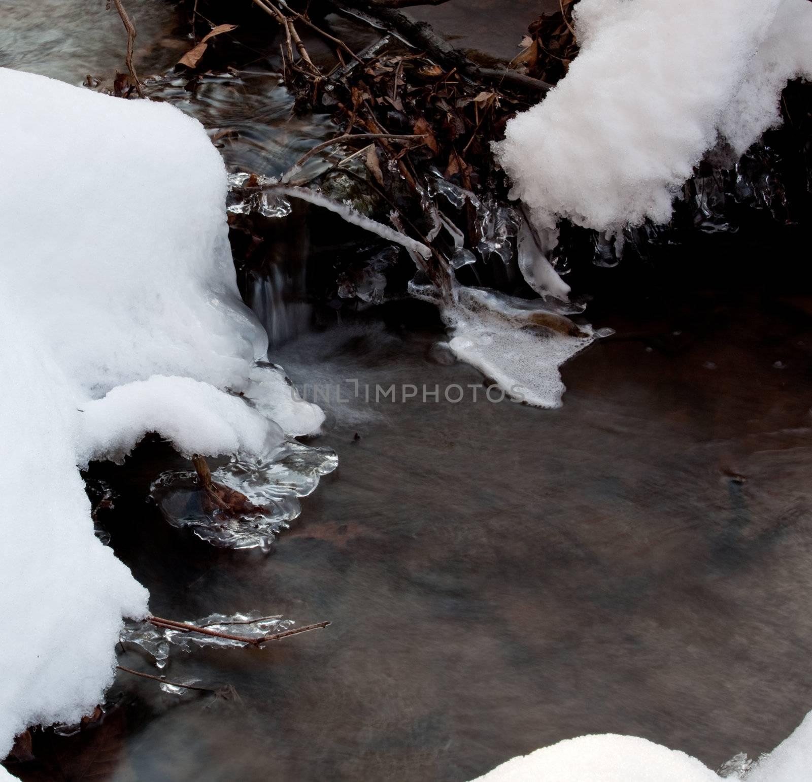 Close up of snow lined stream with ice along the edges of a small waterfall