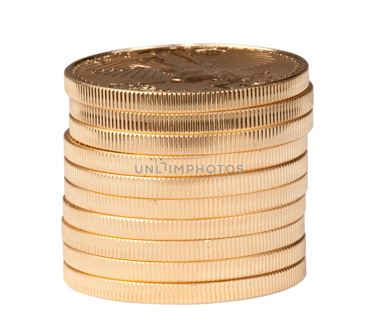 Vertical stack of ten gold coins isolated from background