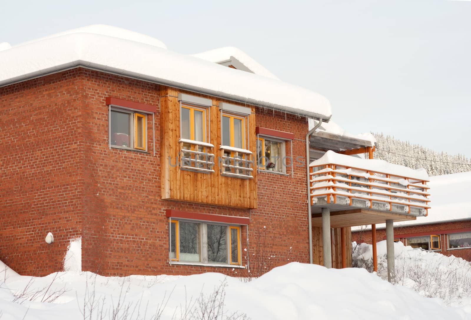 Modern building covered in snow