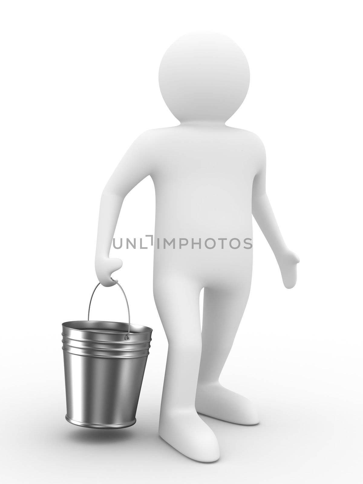 Man with bucket on white background. Isolated 3D image