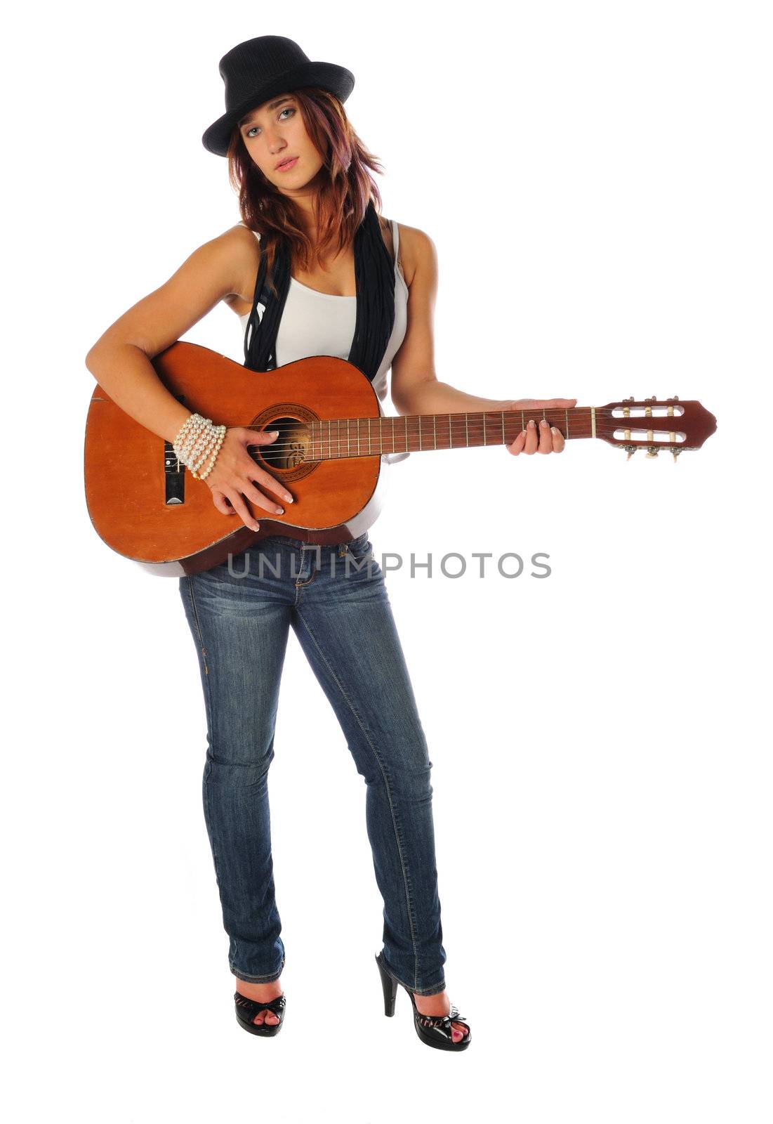 attractive woman with a guitar on white by PDImages