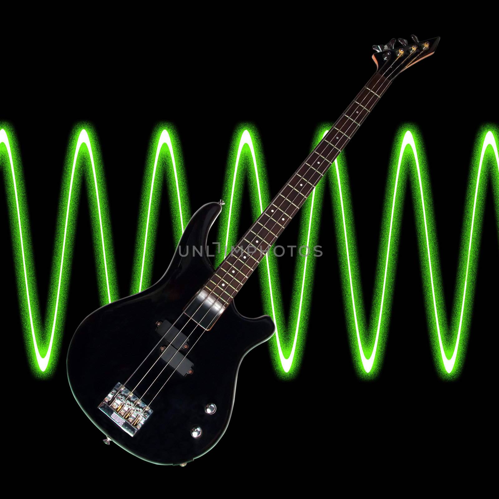 Electric bass over a black background with sound waves