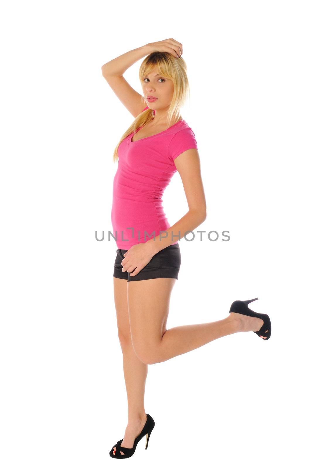 attractive young blonde woman on a  white background by PDImages