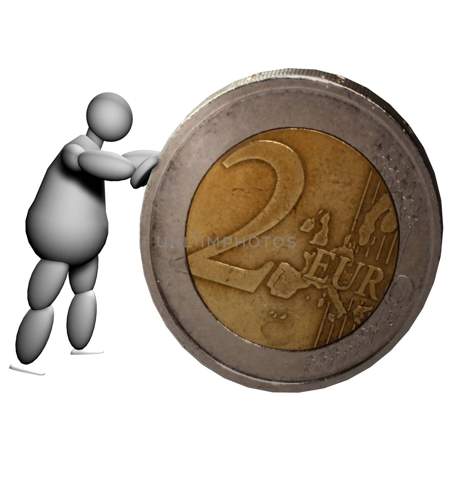 3D puppet pushing a big two euros coin