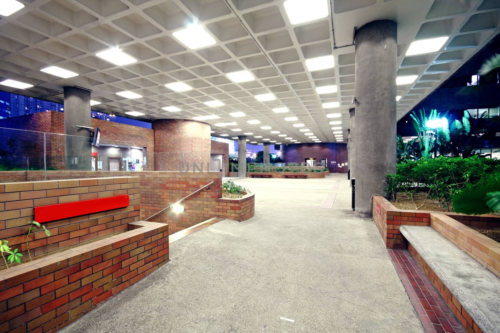 modern hall in city downtown night