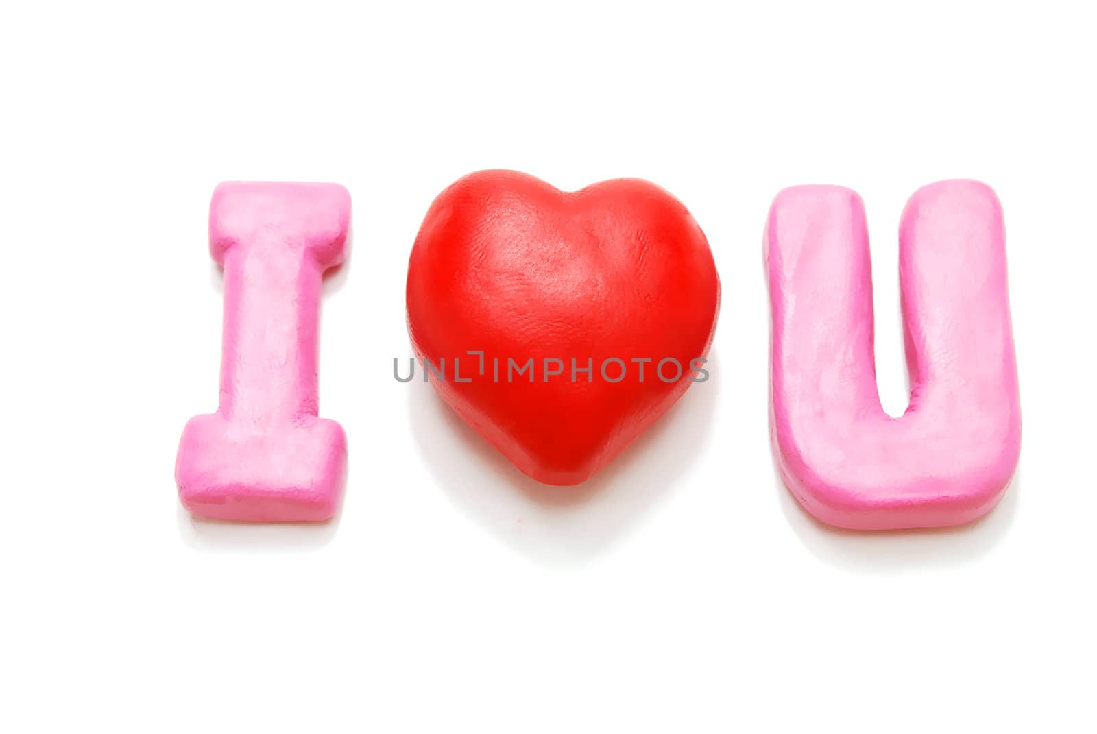 Single Valentine's I Love You Text with Hearts Made of Red and Pink Plasticine Isolated on White Background