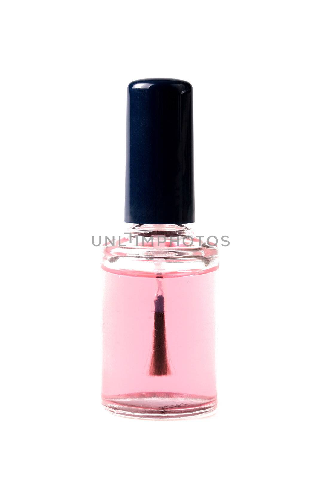 The small bottle with pink transparent nail polish, is used in the course of manicure.