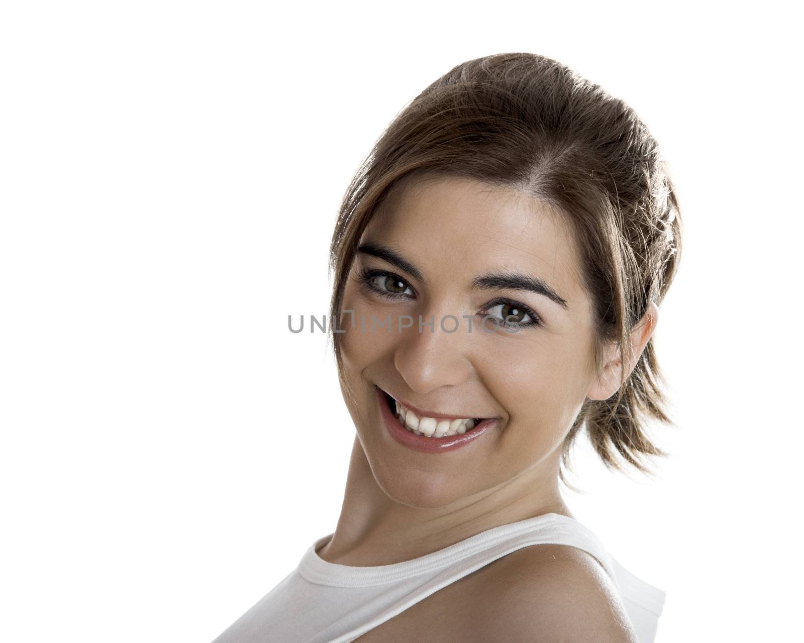 Portrait of a young and beautiful woman smiling, isolated on white