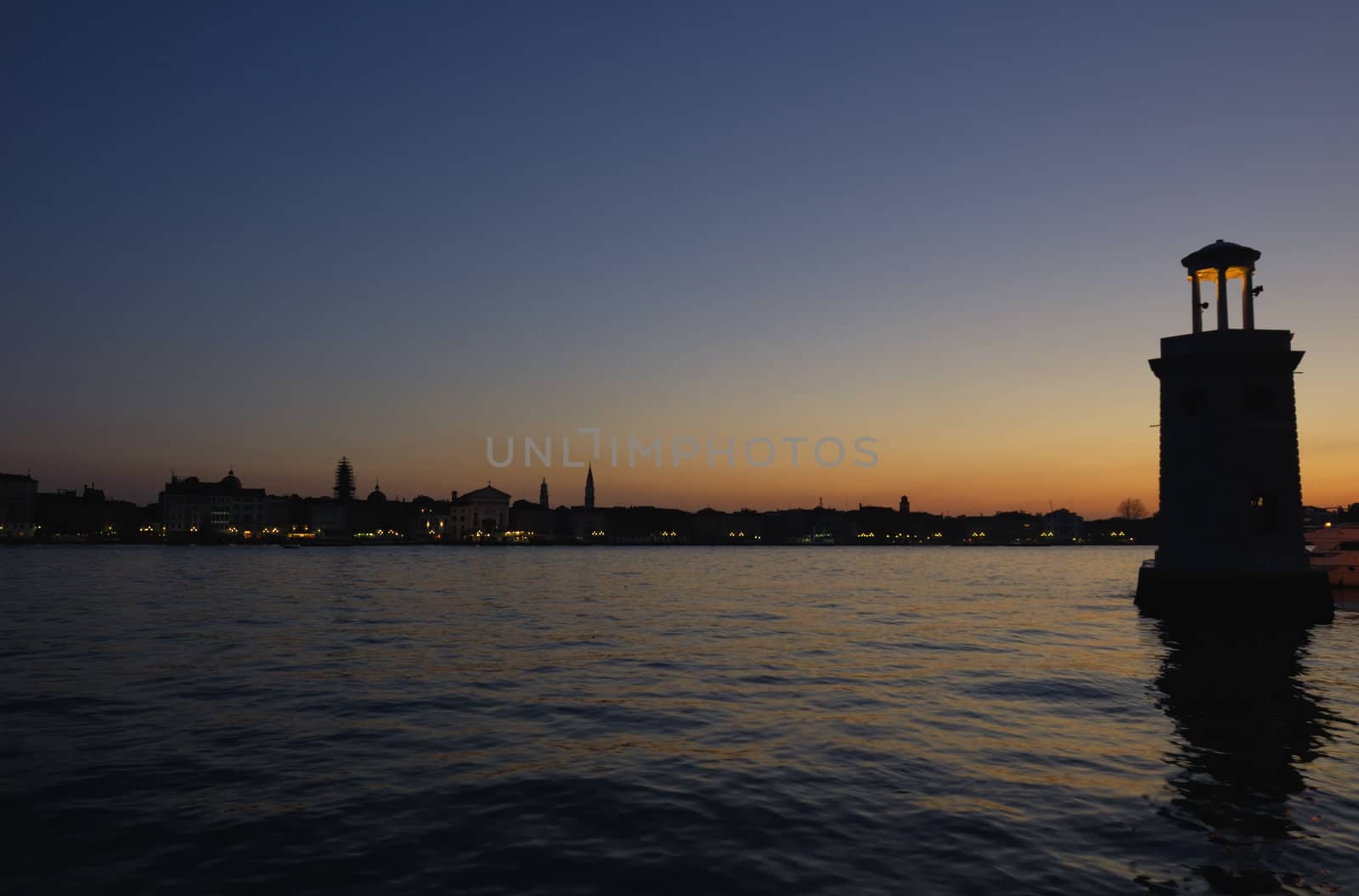 Looking across the lagoon at Venice from the island of St Georgio, at dawn