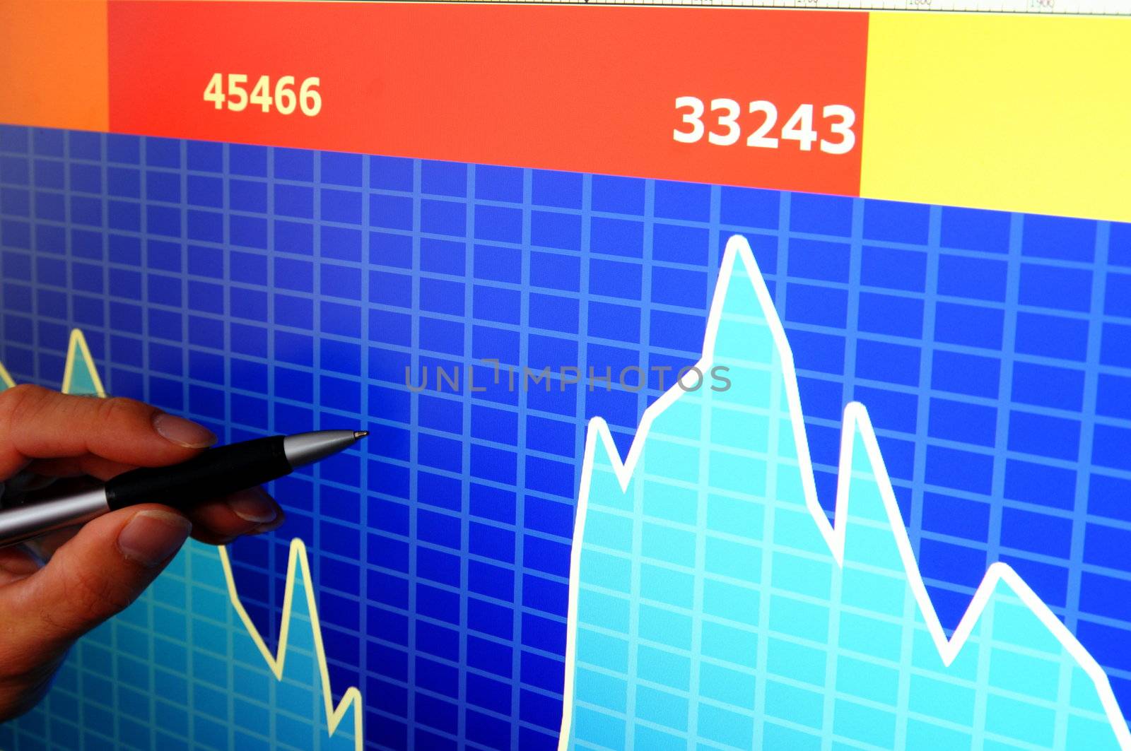 financial stock market concept with hand and computer lcd display