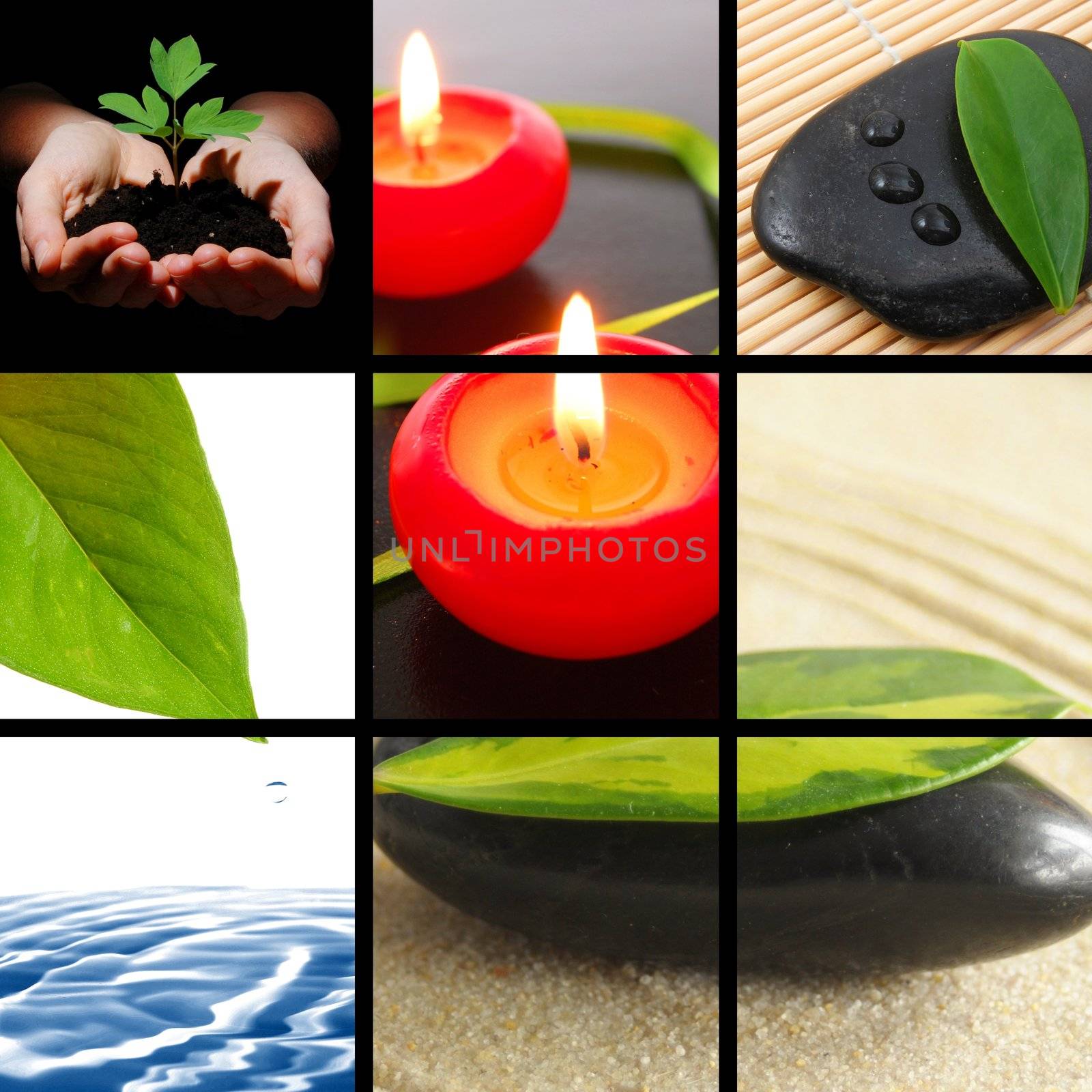 spa collage or collection with stone candle and water images