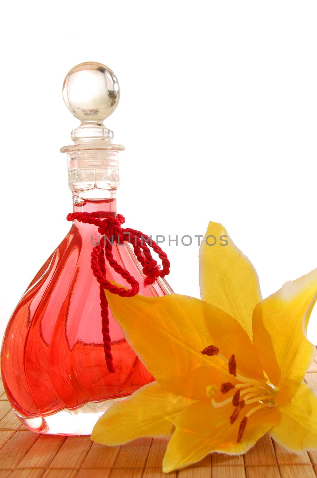 bath room decoration with red bottle isolated oh white