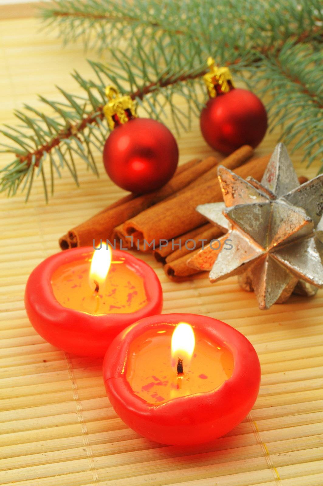 christmas card with red balls and candles