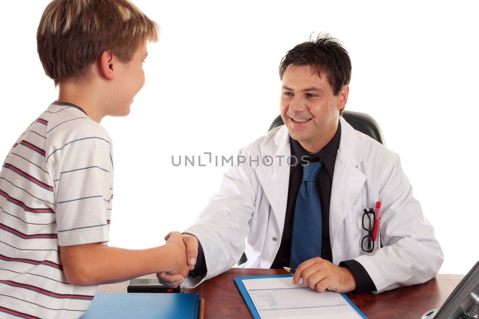Doctor shakes hands with  patient.