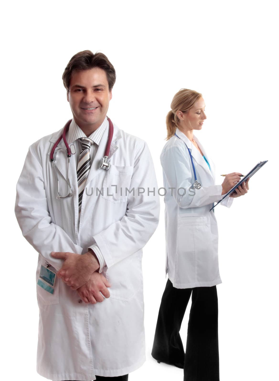 Male and female healthcare workers in uniform on white background.