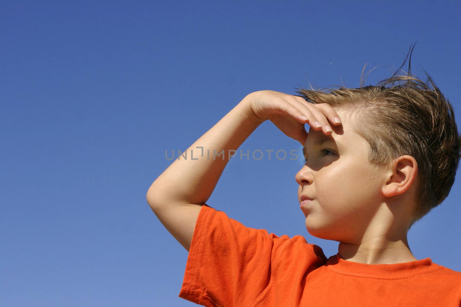 Looking for a solution? answers? etc
Future outlook
Suveying an area
Hope or expectation
A boy looks yonder way hand shielding the sunshine