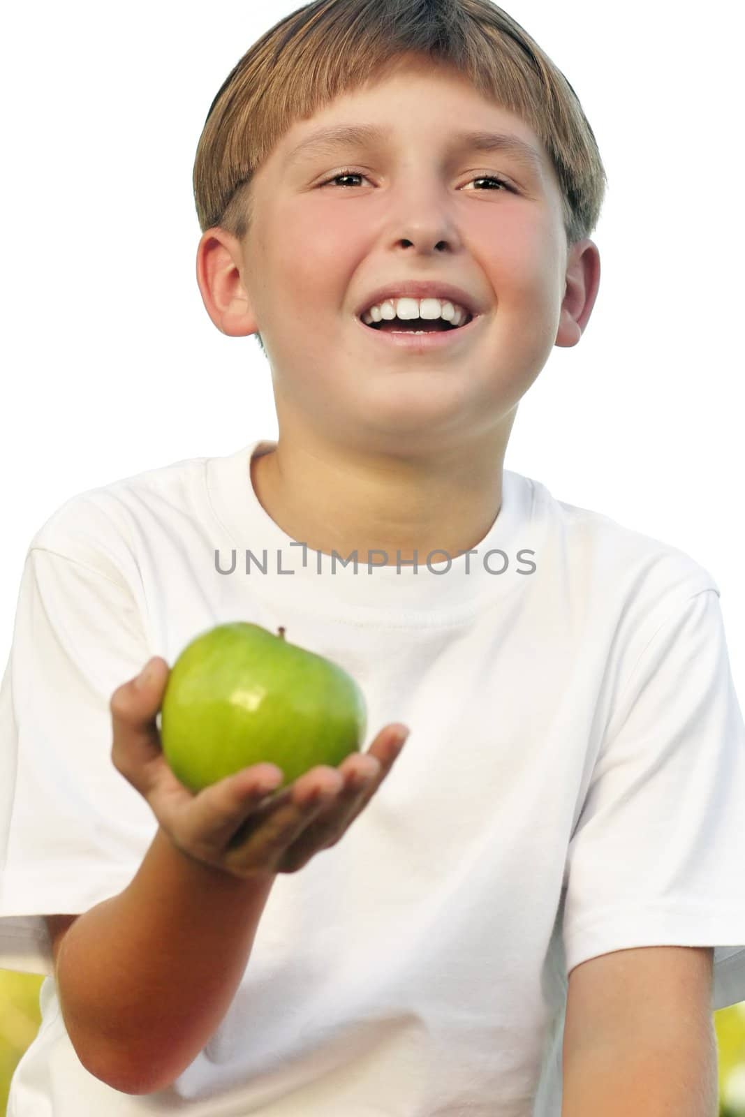 Child holding an apple in his palm in a rural area lafe afternoon.  You could swap the apple for something else.

eg:  health, giving, nutrition 

