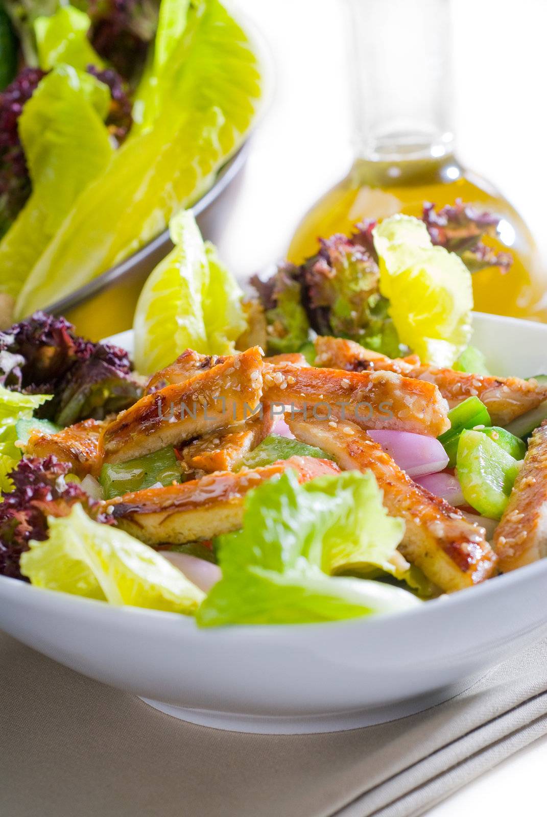 fresh colorfull sesame chicken salad close up