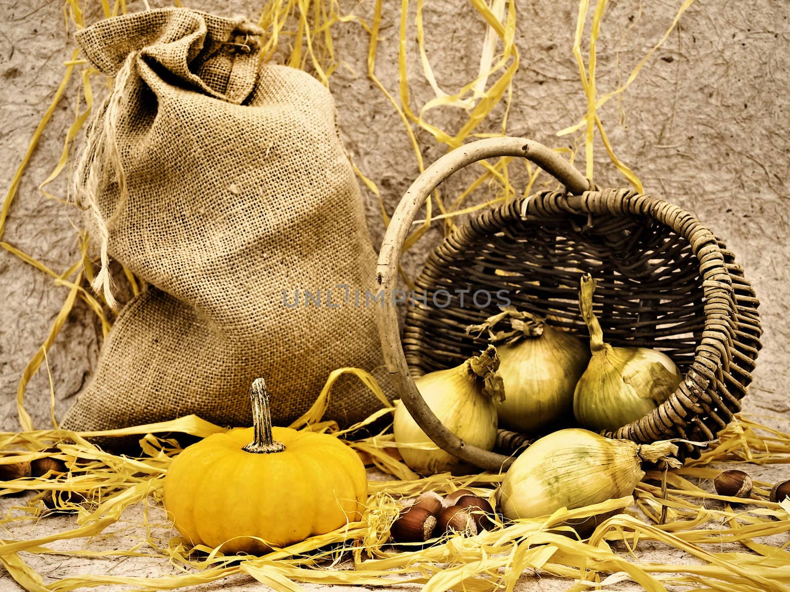 still life with pumpkin, basket, onion and nuts against beige background