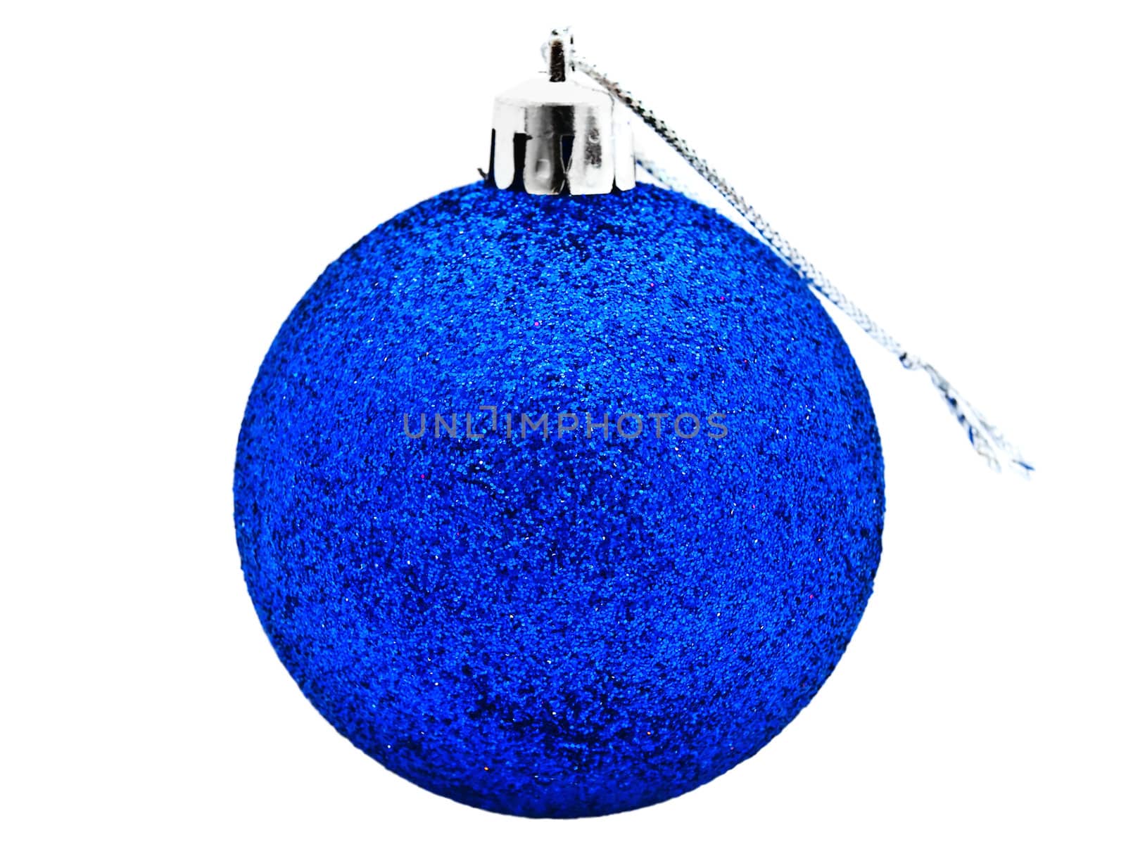 Bright blue New Year toy against white background