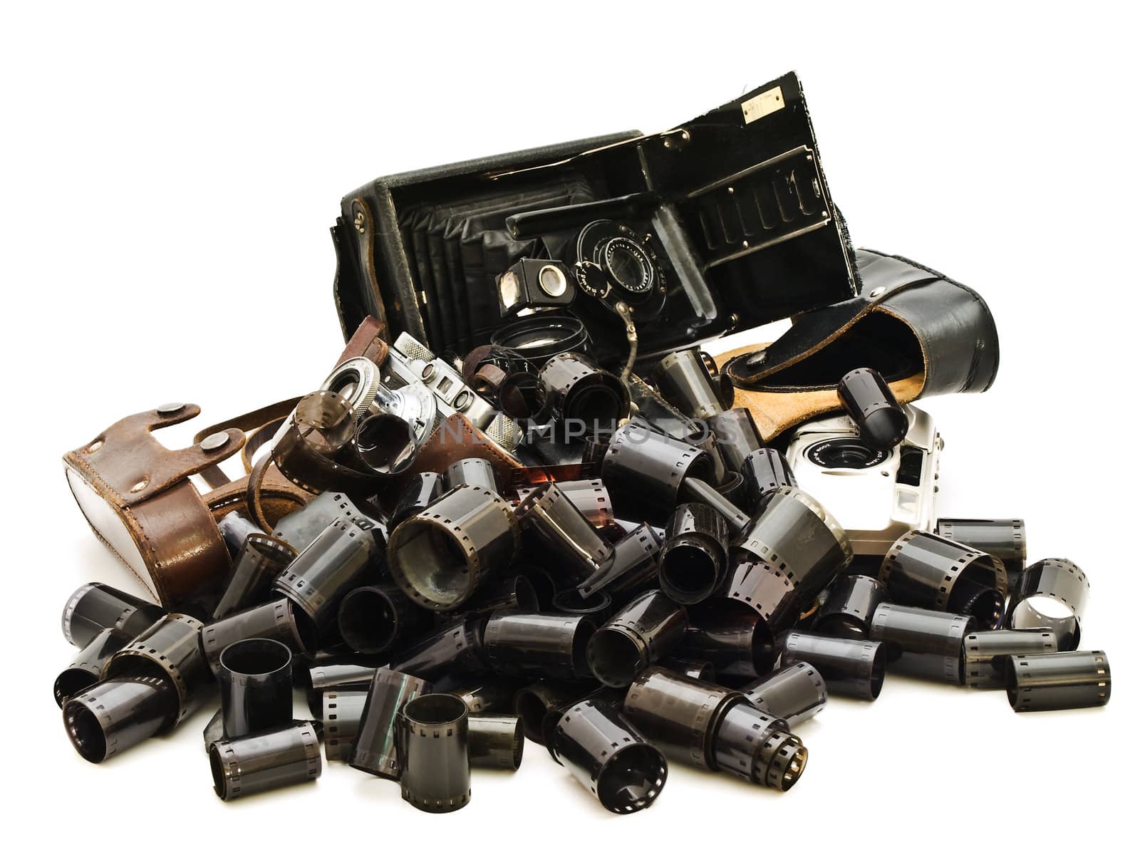retro photo accessory with many films and vintage cameras against the white background