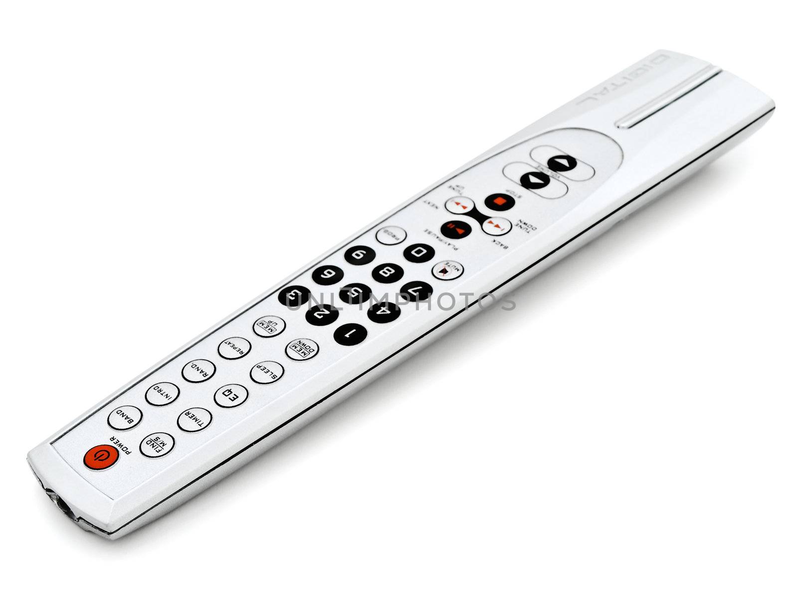 Photo of modern remote control over the white background 