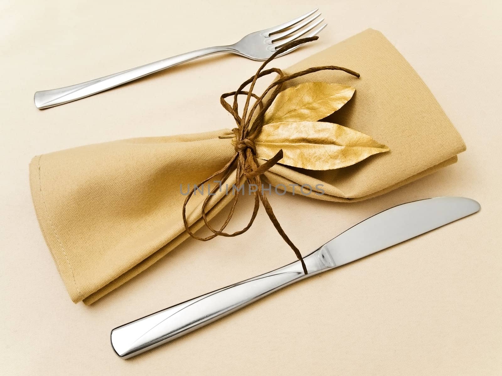 original table serving with golden bay leaves in serviette and cord near knife and fork at beige 