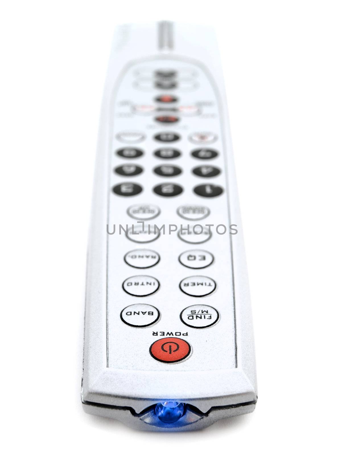Single modern remote control over the white background 